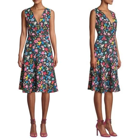 Elie Tahari Womens Jila V-Neck Fit & Flare Midi Dress Size 6 Multicolor Floral - Picture 2 of 15
